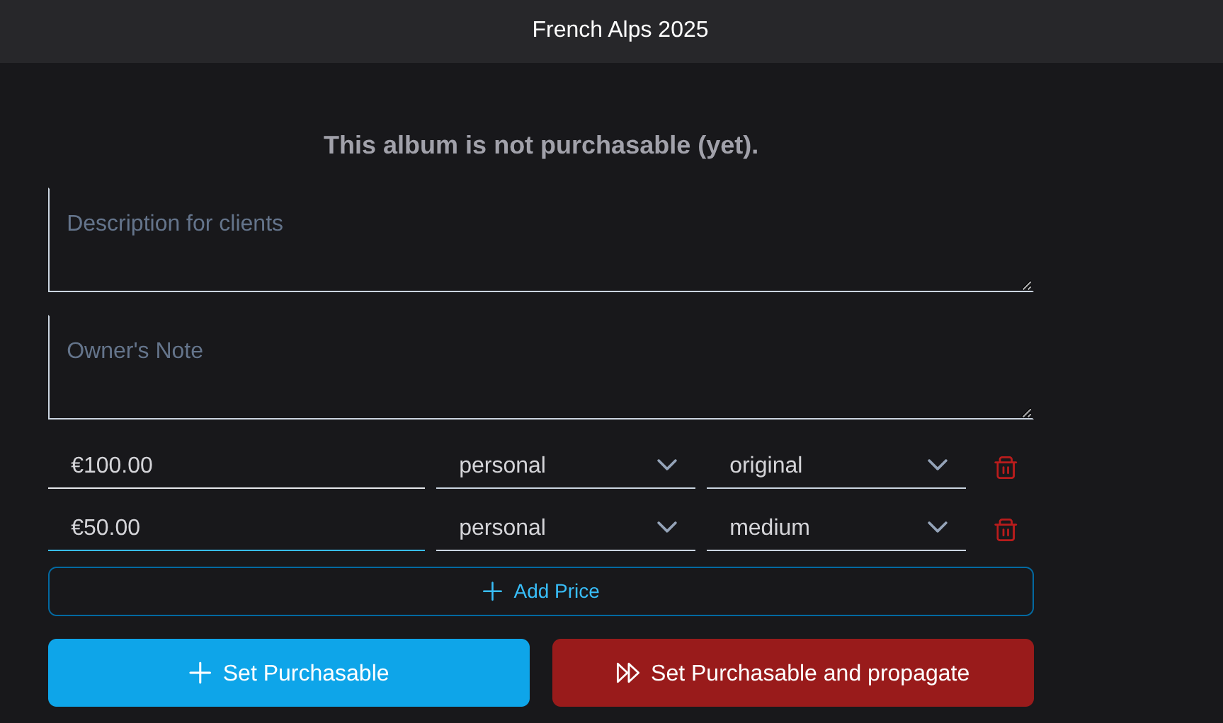 Setting sizes and prices