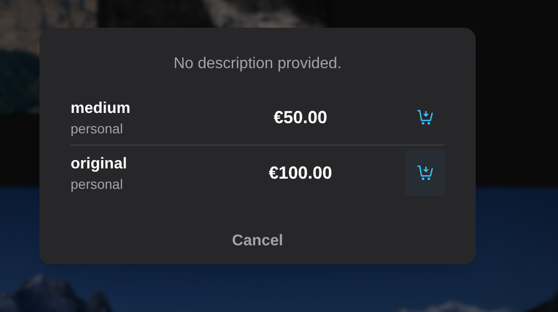 Size and price selector